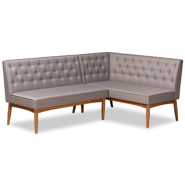 Baxton Studio Riordan Mid-Century Grey Fabric and Walnut Brown Finished Wood 2-PC Dining Nook Banquette Set 186-11355-Zoro
